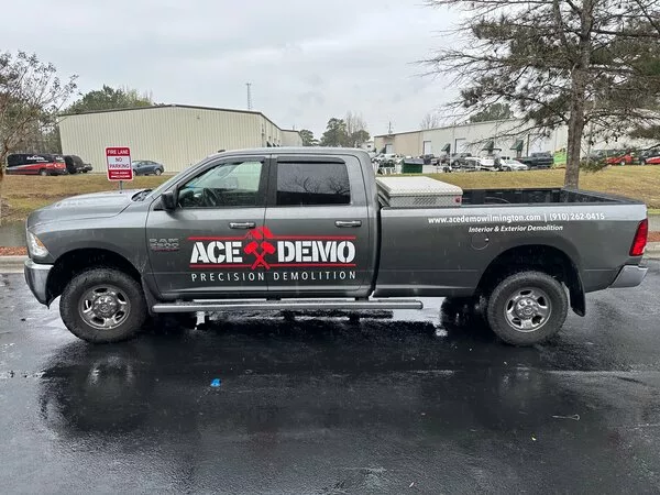 Custom truck graphics for Ace Demo business installed in Wilmington, NC